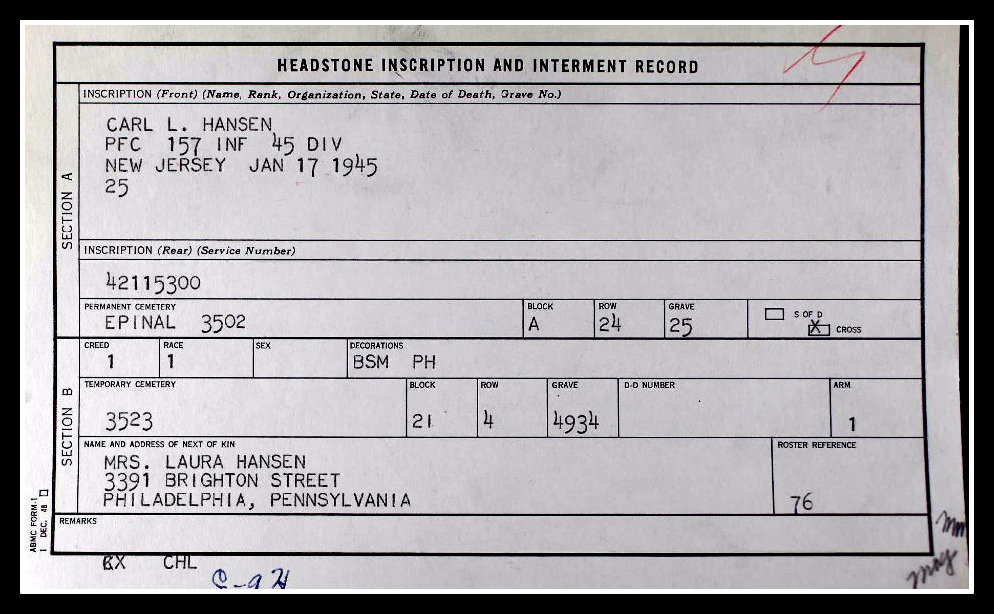 Carl L. Hansen, Nutley, N.J., killed in action, France