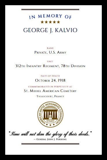 Pvt George Kalvio, Nutley NJ, ABMC War Dead Certificate 