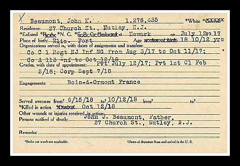 NJ State Archives: John Beaumont, Nutley, WWI,, KIA