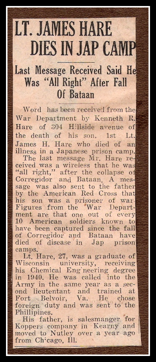 Lt. James Hare Dies in Jap Camp, Bataan POW 